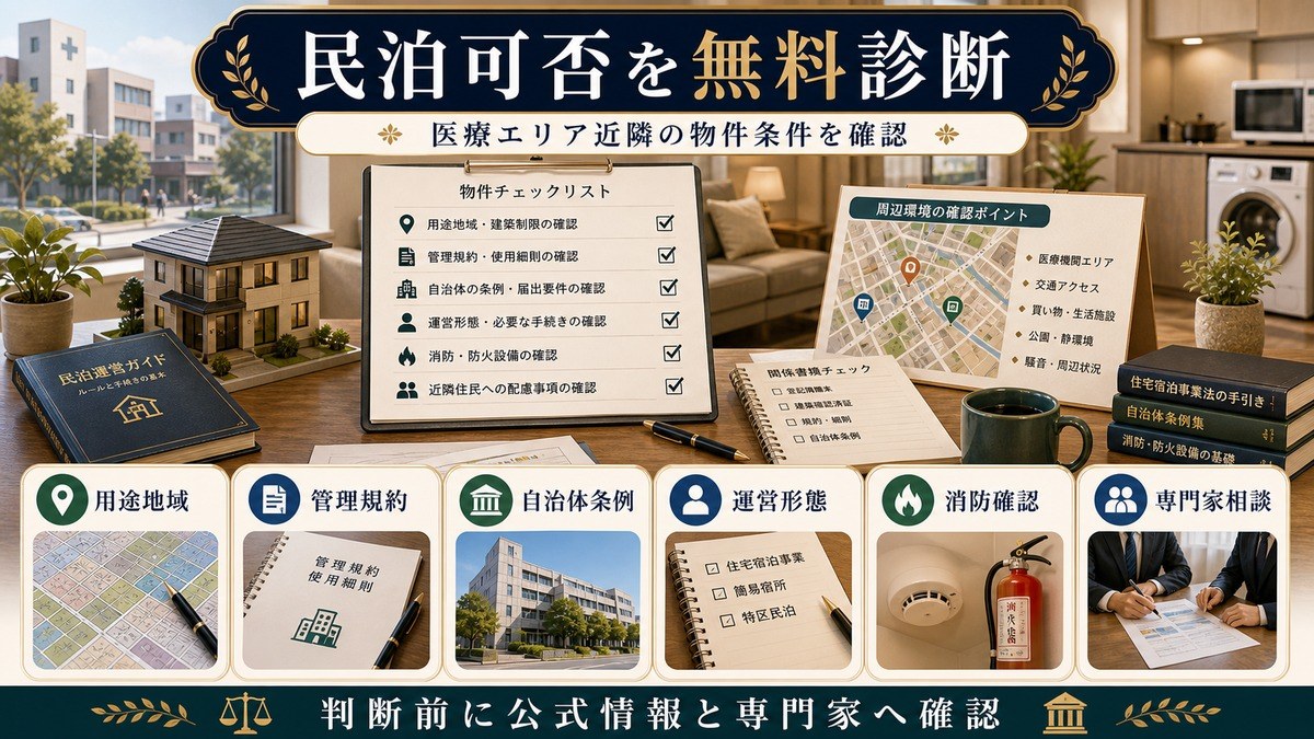 民泊可否の無料診断として用途地域、管理規約、自治体条例、運営形態、消防確認、専門家相談を整理した図解