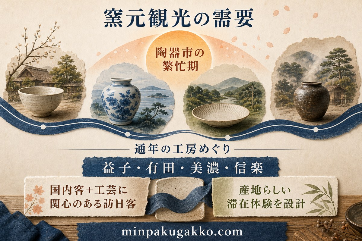益子、有田、美濃、信楽の陶器市需要と通年の工房めぐり需要を整理した図