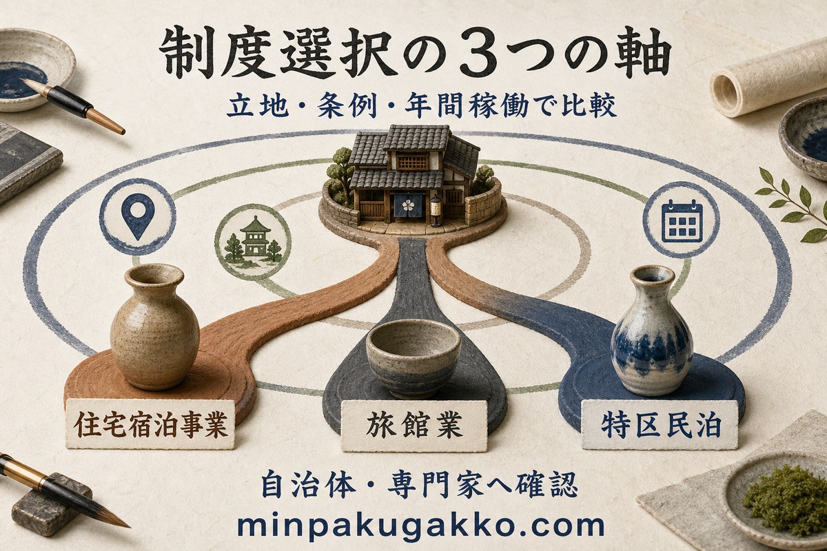 住宅宿泊事業、旅館業、特区民泊を立地、条例、年間稼働で比較する制度選択図