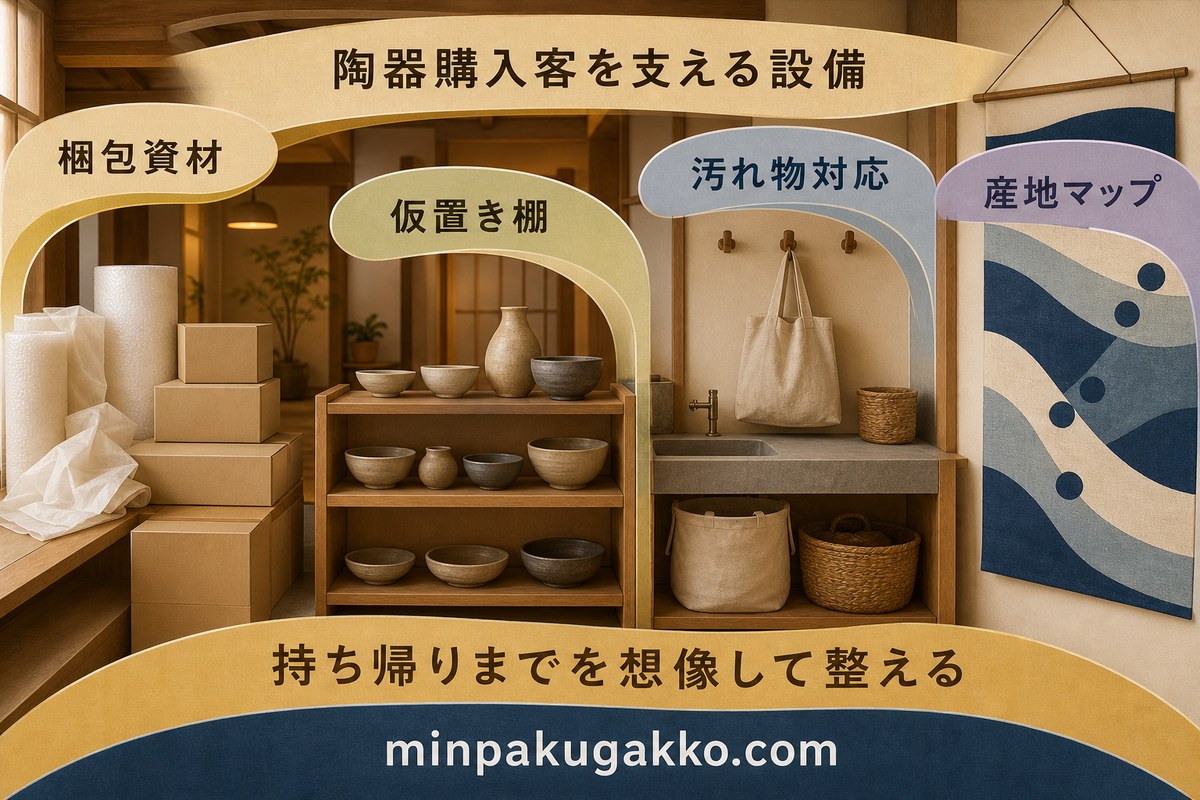 陶器購入客向けの梱包資材、仮置き棚、汚れ物対応、産地マップを整理した設備図