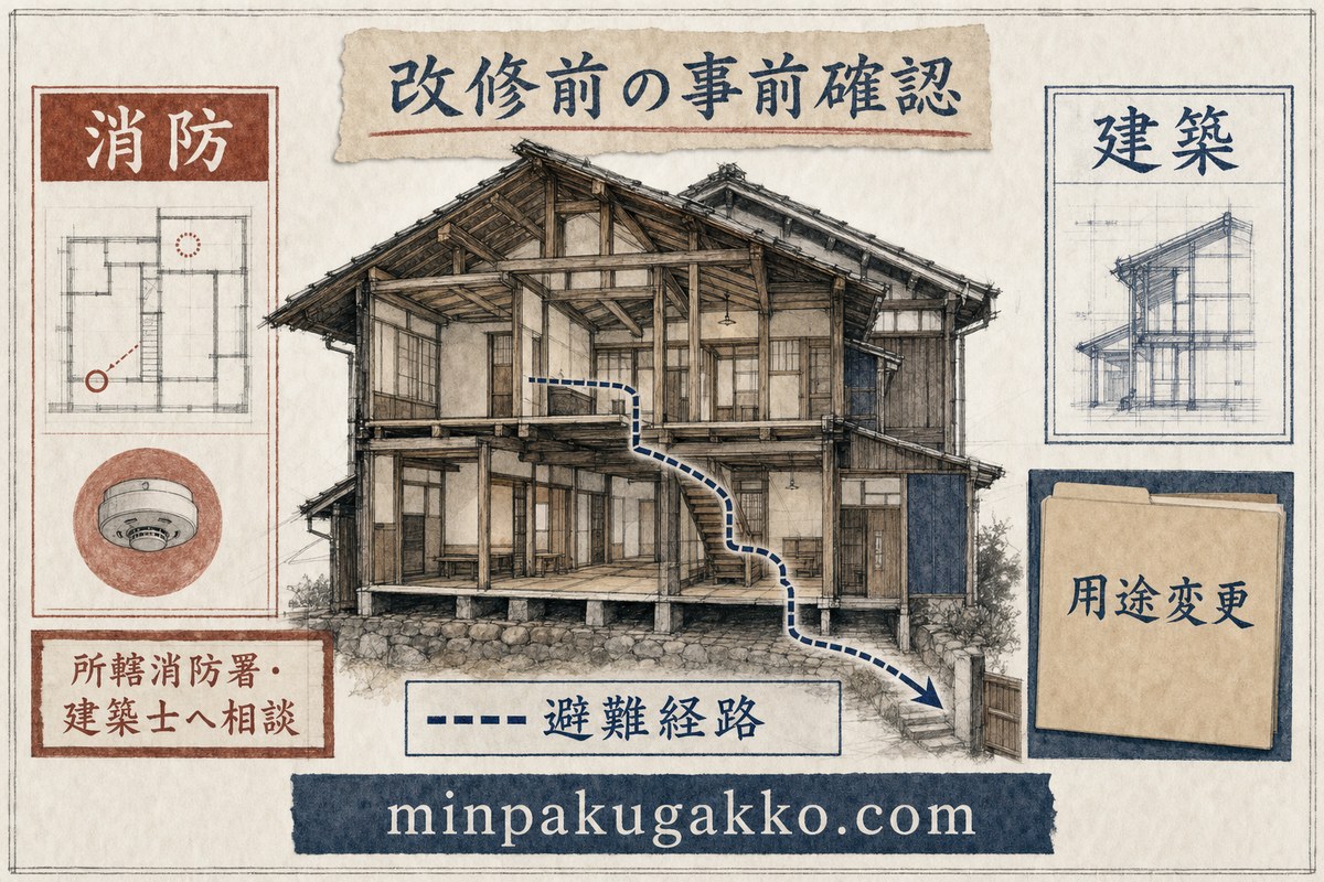 古民家改修前に消防、建築、避難経路、用途変更を専門窓口へ相談する流れ