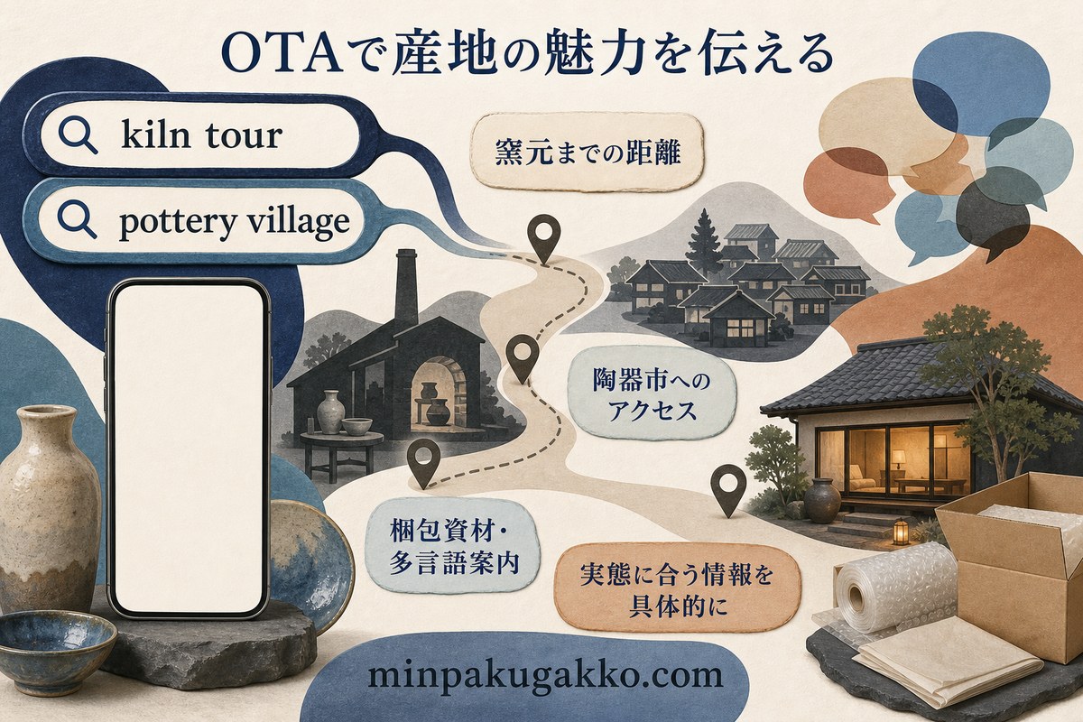 OTAで窯元までの距離、陶器市へのアクセス、梱包資材、多言語案内を具体的に伝える図