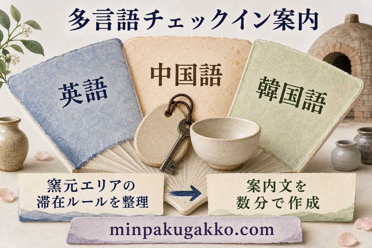 英語、中国語、韓国語のチェックイン案内を窯元エリア向けに整理するイメージ
