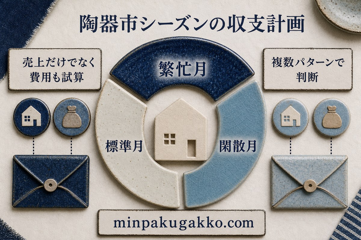 陶器市の繁忙月、標準月、閑散月ごとに売上と費用を試算する収支計画図