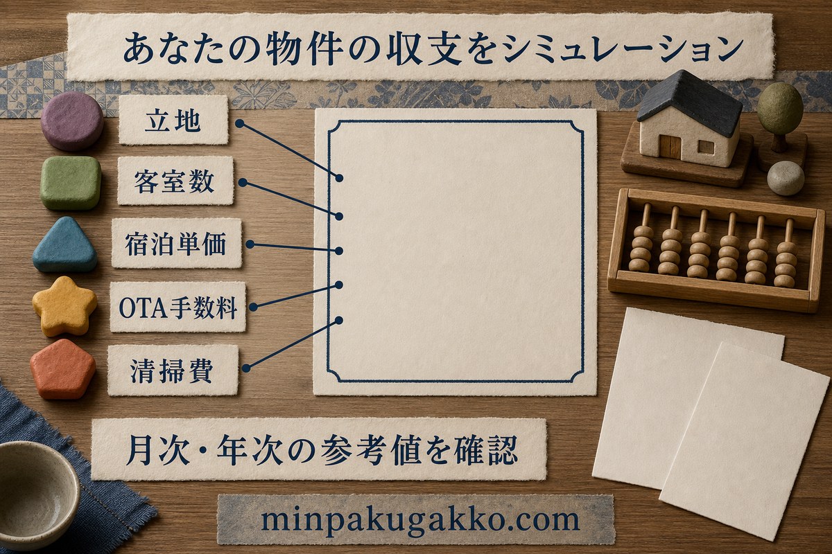 立地、客室数、宿泊単価、OTA手数料、清掃費から月次と年次の参考値を確認する図