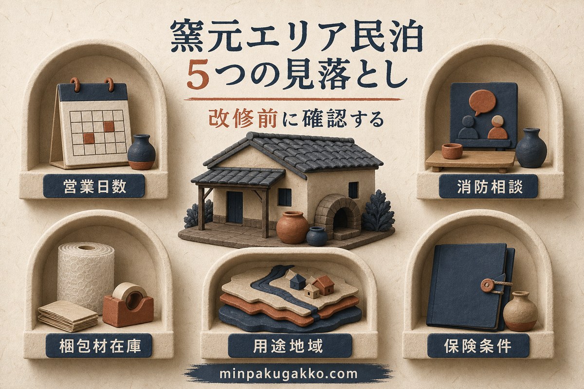 窯元エリア民泊で見落としやすい営業日数、消防相談、梱包材在庫、用途地域、保険条件を整理した図