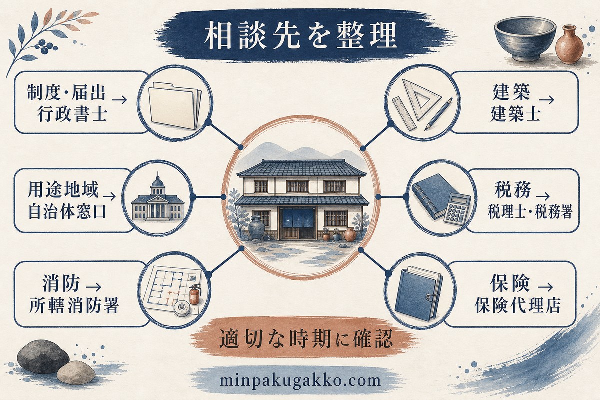 制度、用途地域、消防、建築、税務、保険の相談先と確認タイミングを整理した図