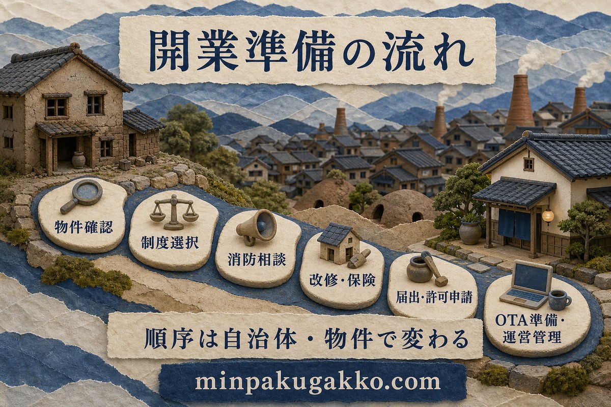 窯元エリア民泊の物件確認から制度選択、消防相談、改修、申請、運営準備までの流れ