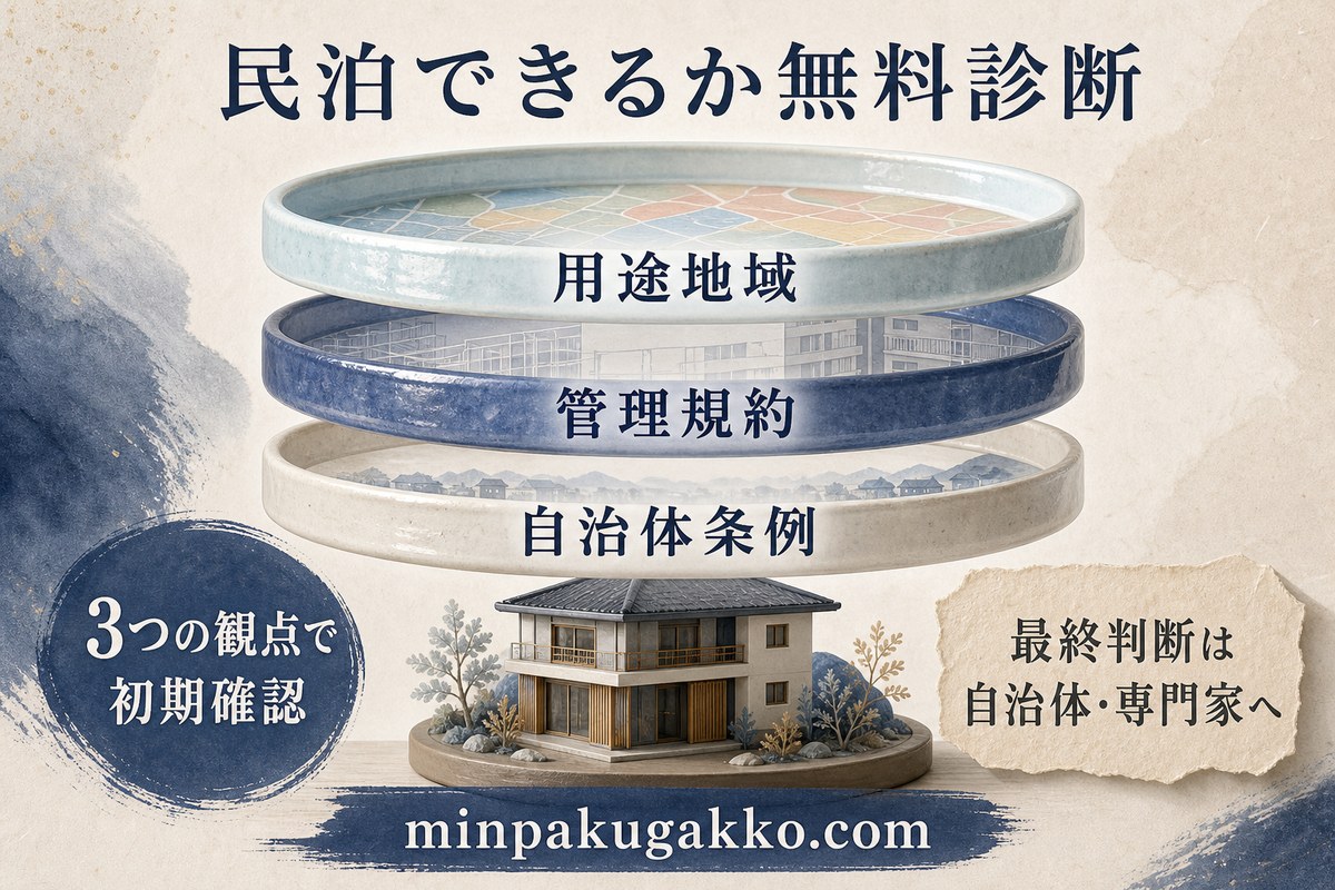 用途地域、管理規約、自治体条例の三つの観点で民泊の可否を初期確認する図
