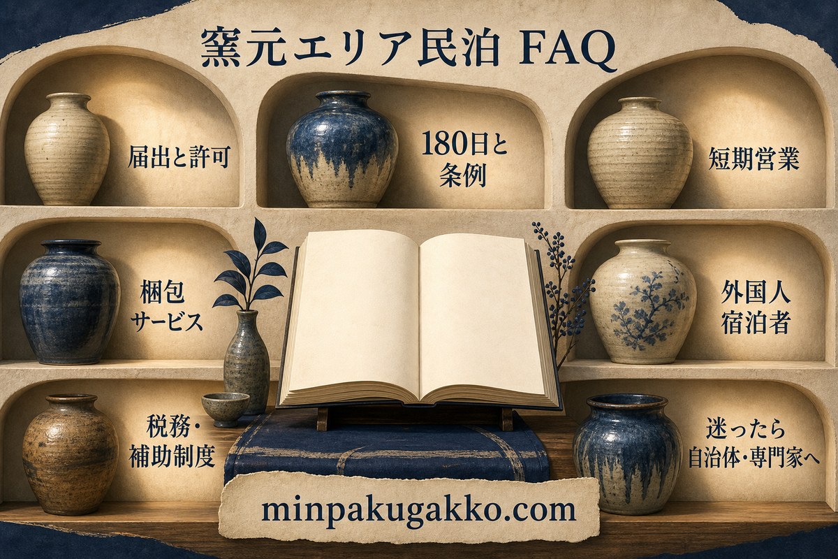 窯元エリア民泊の届出、180日上限、短期営業、梱包サービス、外国人宿泊者、税務を整理したFAQ図