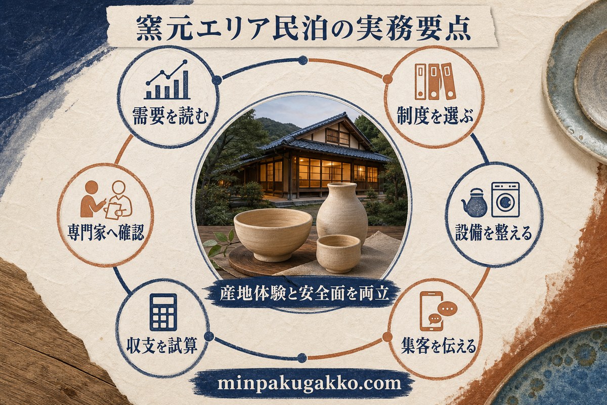 窯元エリア民泊の需要、制度、設備、集客、収支、専門家確認を整理したまとめ図