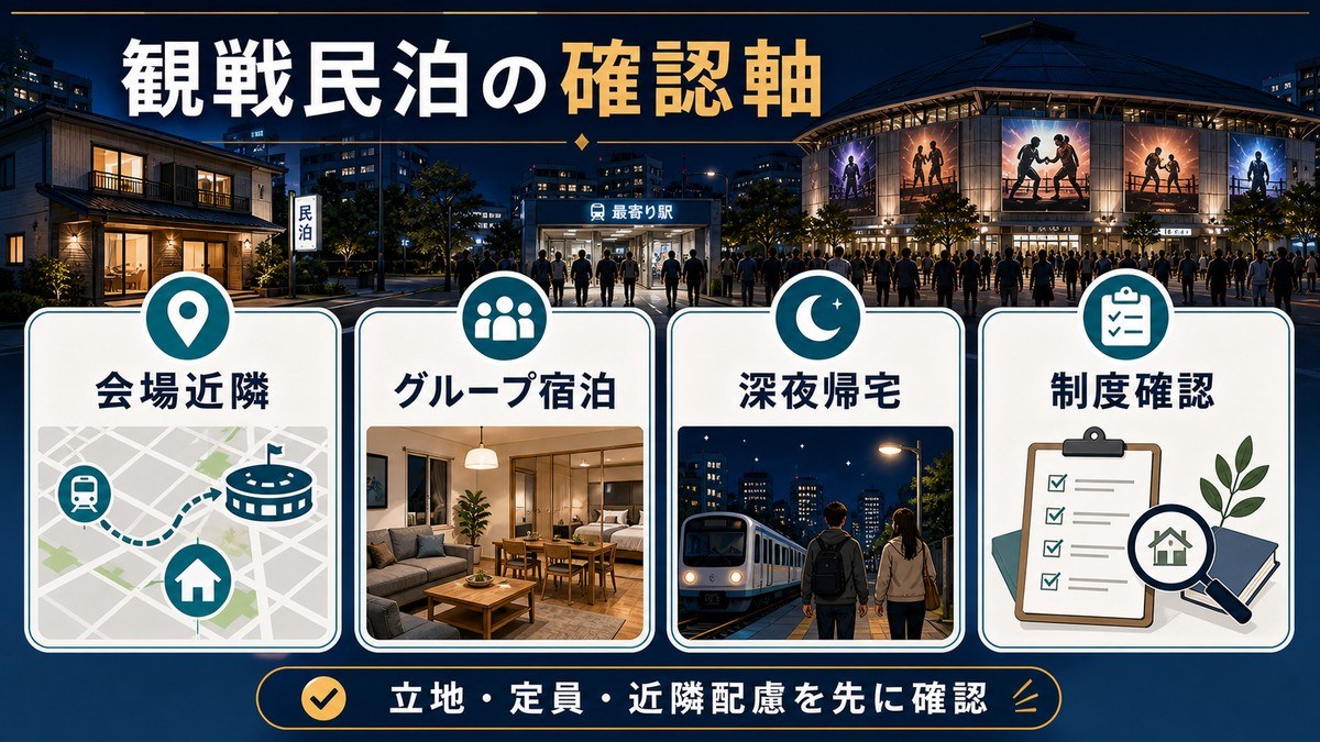 観戦需要向け民泊の確認軸を会場近隣、グループ宿泊、深夜帰宅、制度確認で整理した図