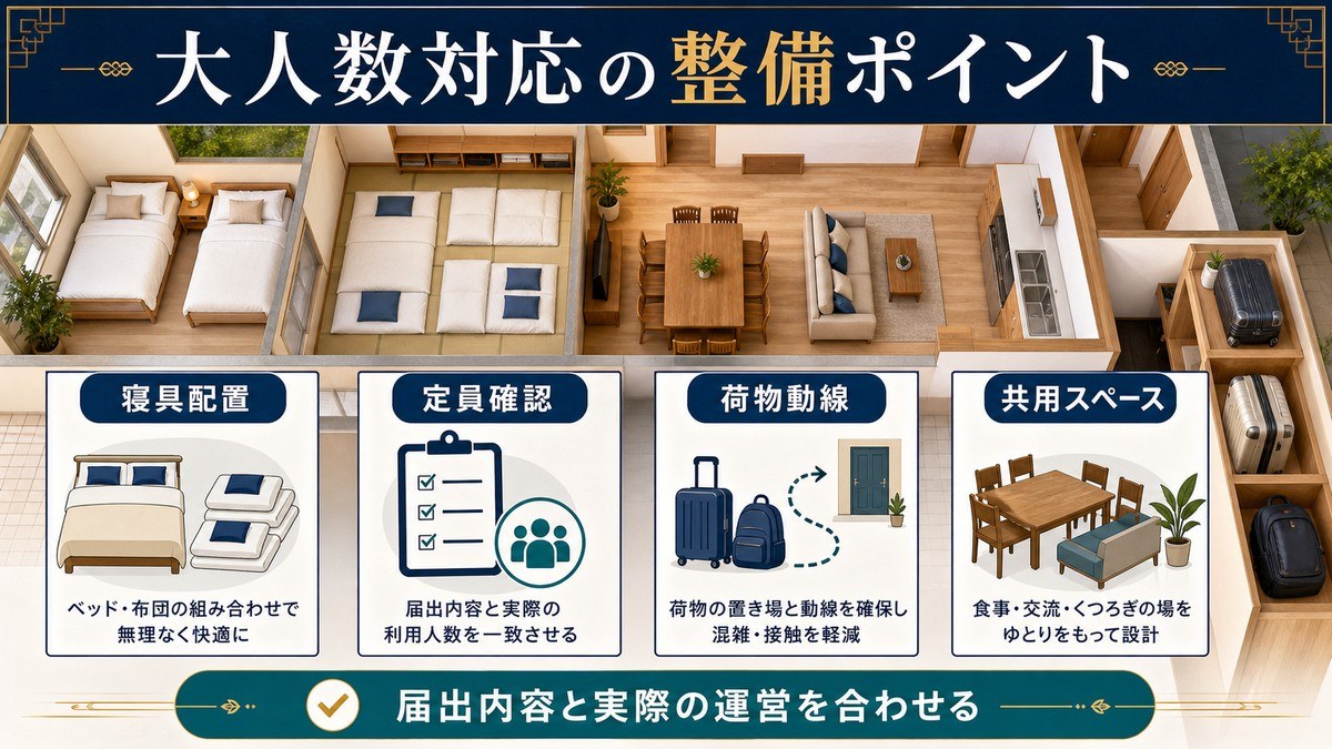 大人数対応の施設整備を寝具配置、定員確認、荷物動線、共用スペースで整理した図