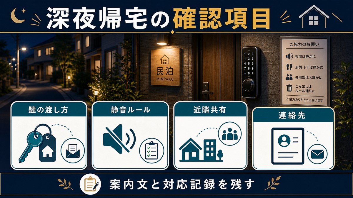 深夜帰宅時の確認項目を鍵の渡し方、静音ルール、近隣共有、連絡先で整理した図