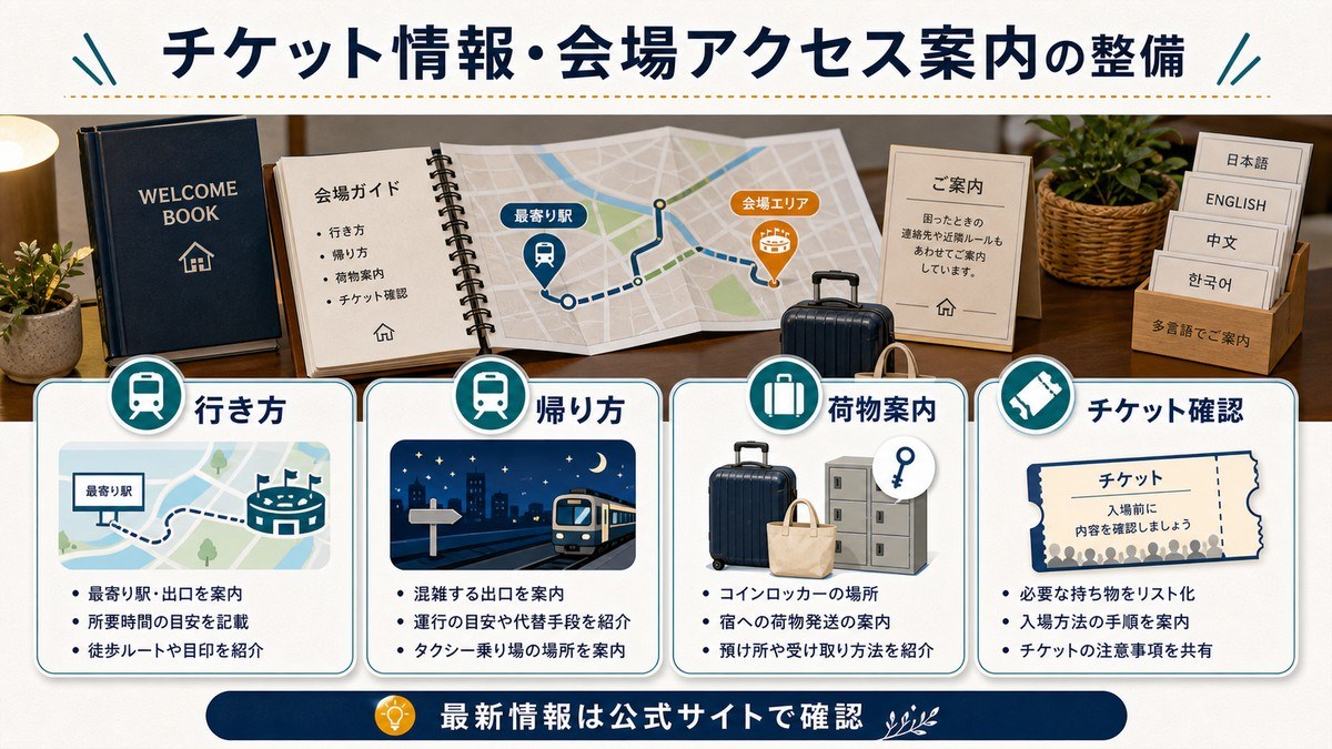 会場アクセスガイドの作り方を行き方、帰り方、荷物案内、チケット確認で整理した図