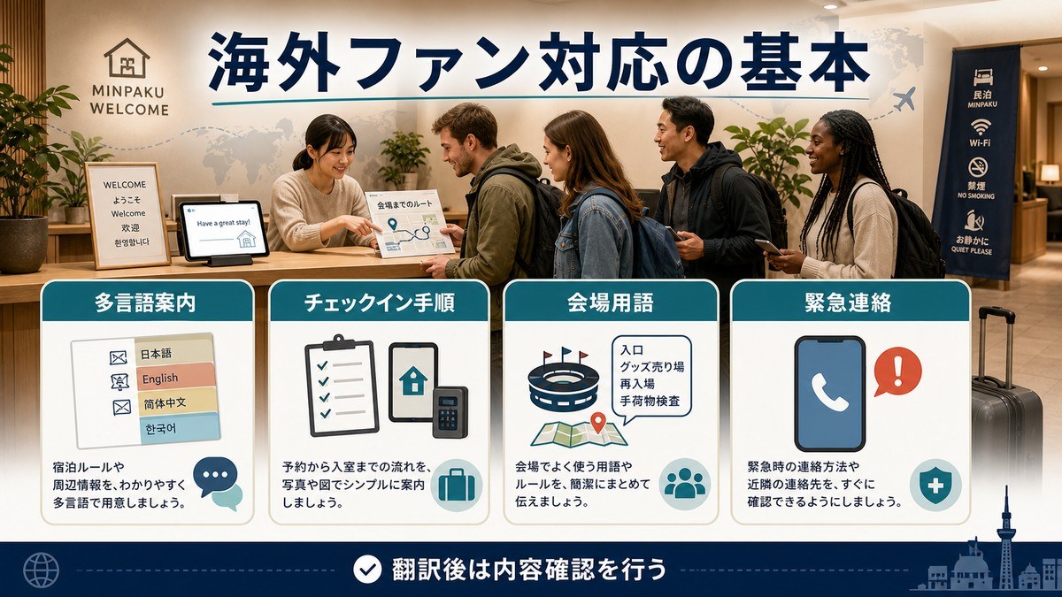 海外ファン対応の基本を多言語案内、チェックイン手順、会場用語、緊急連絡で整理した図