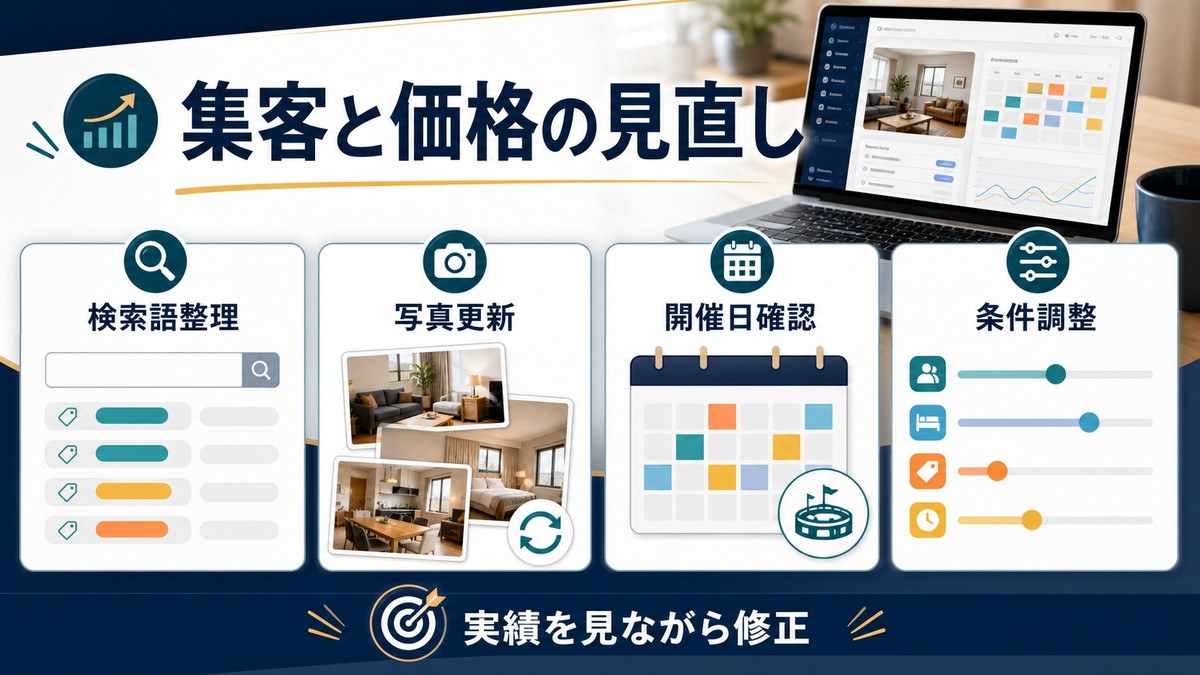 OTA集客と価格見直しを検索語整理、写真更新、開催日確認、条件調整で整理した図