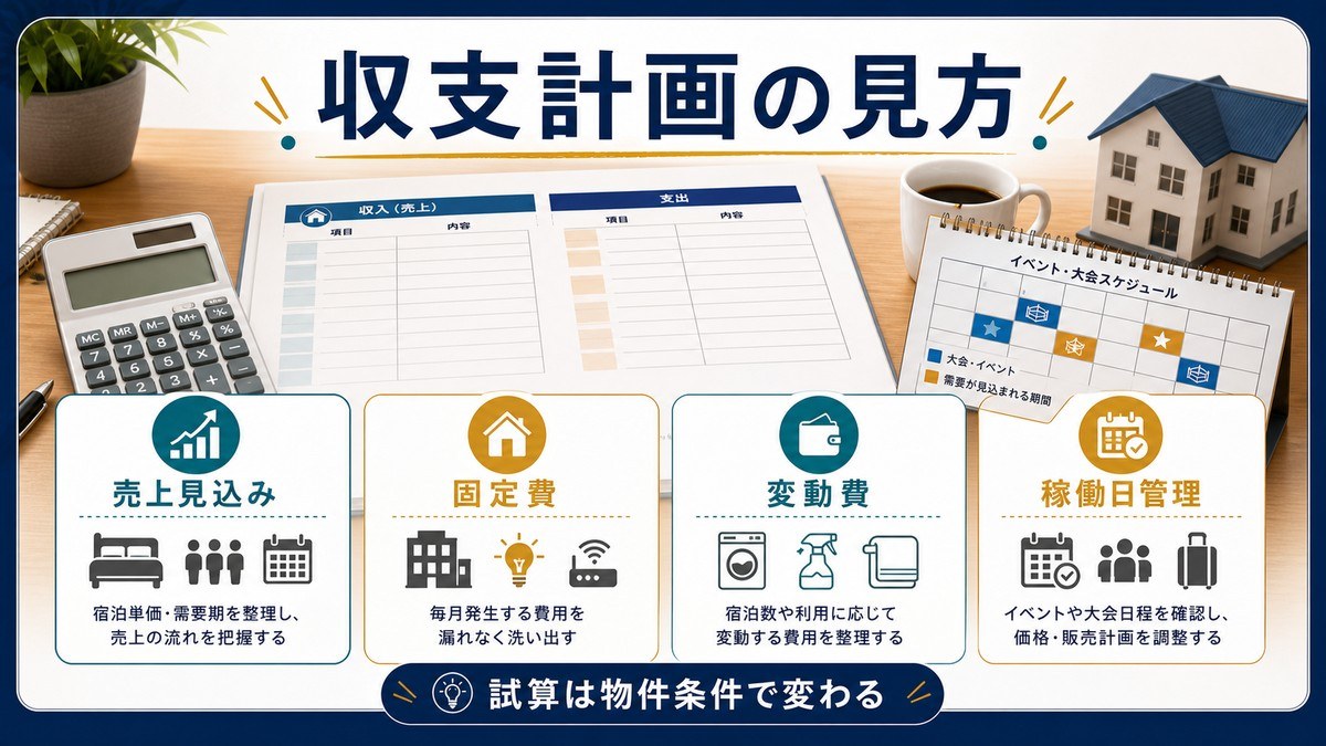収支計画の見方を売上見込み、固定費、変動費、稼働日管理で整理した図