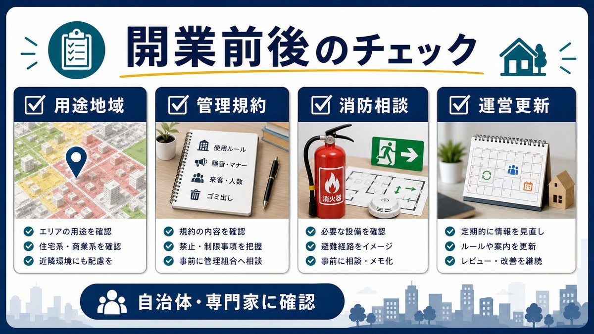 開業前後のチェックを用途地域、管理規約、消防相談、運営更新で整理した図