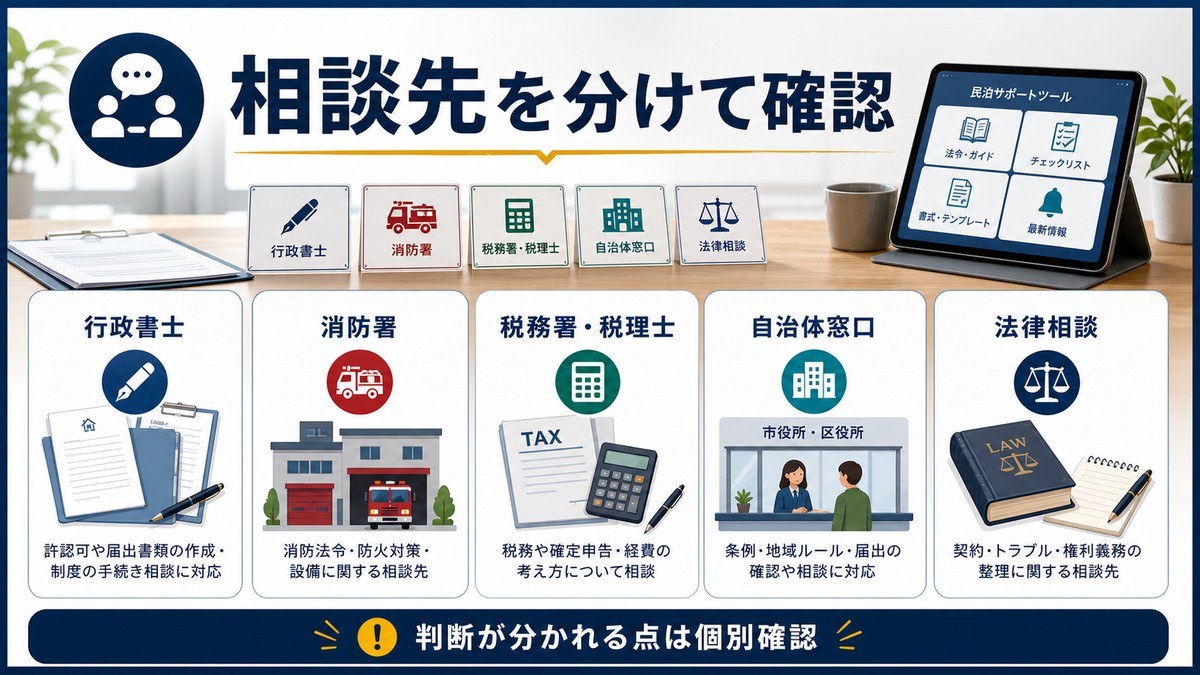 相談先を行政書士、消防署、税務署税理士、自治体窓口、法律相談で整理した図
