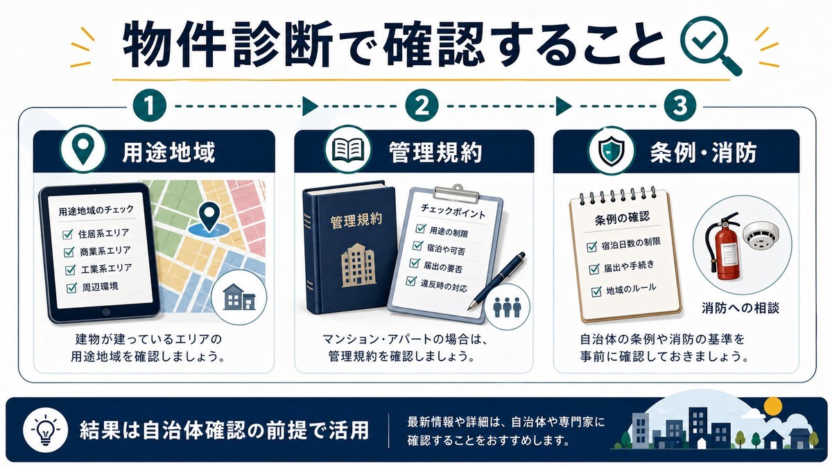 物件診断で確認する用途地域、管理規約、条例消防を整理した図