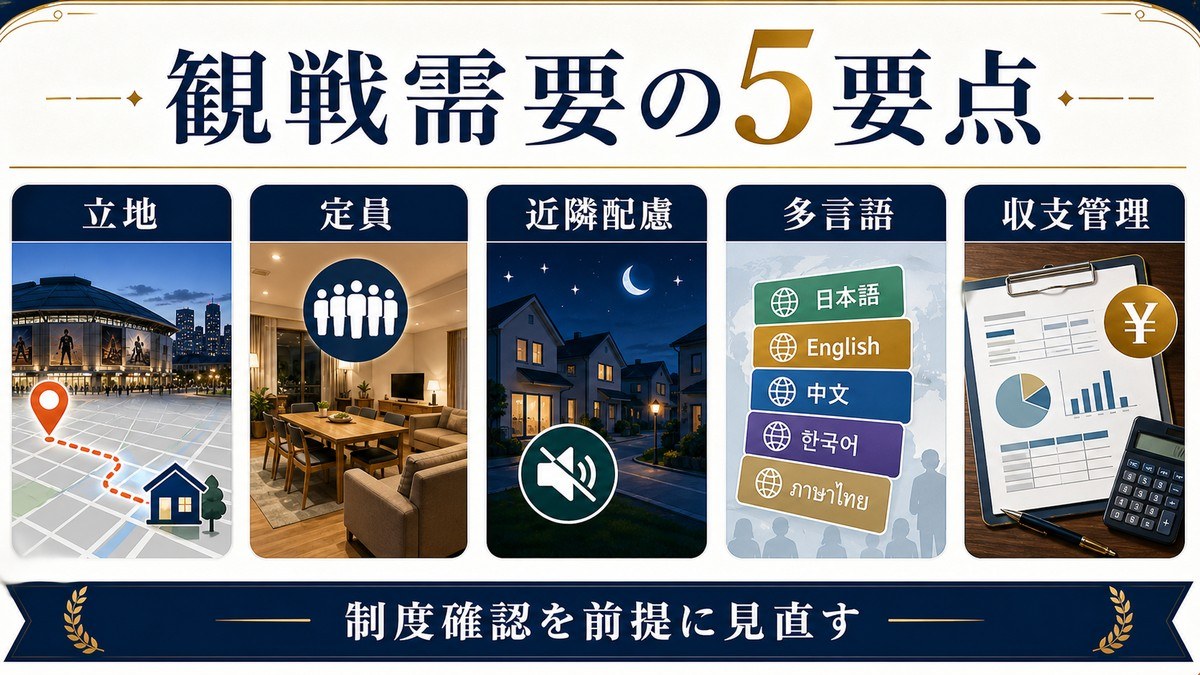 観戦需要の要点を立地、定員、近隣配慮、多言語、収支管理で整理した図