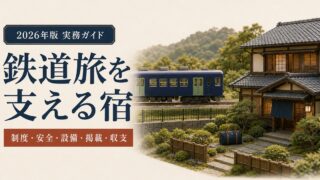 鉄道旅行者を支える民泊を制度、安全、設備、掲載、収支の観点で表したアイキャッチ