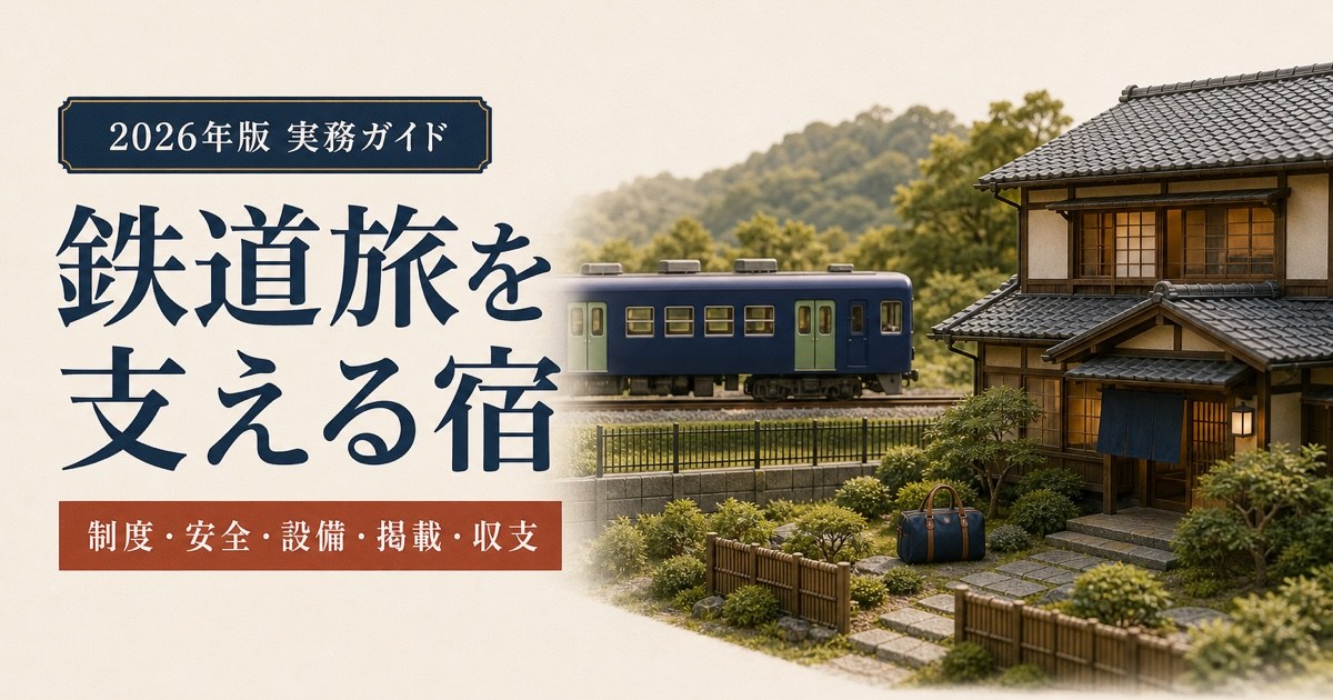 鉄道旅行者を支える民泊を制度、安全、設備、掲載、収支の観点で表したアイキャッチ