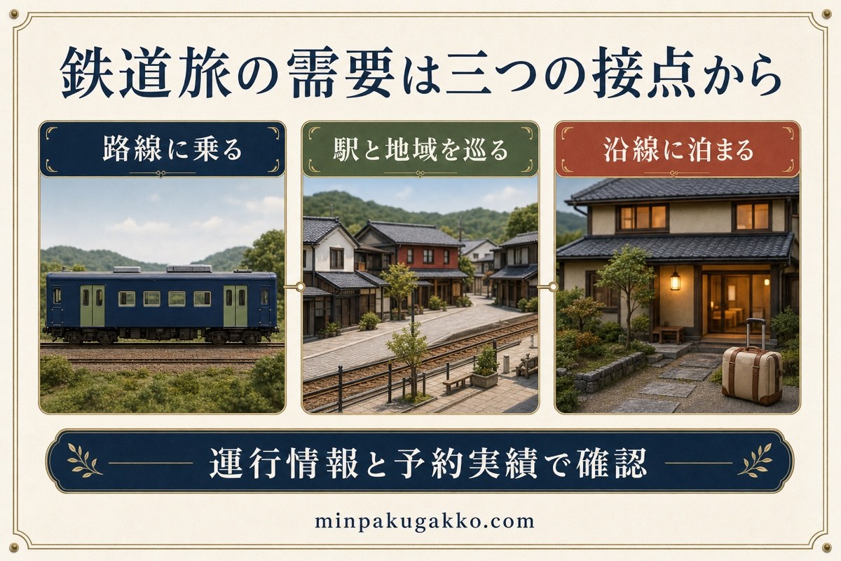 鉄道旅行需要を路線に乗る、駅と地域を巡る、沿線に泊まるの三つで整理した図