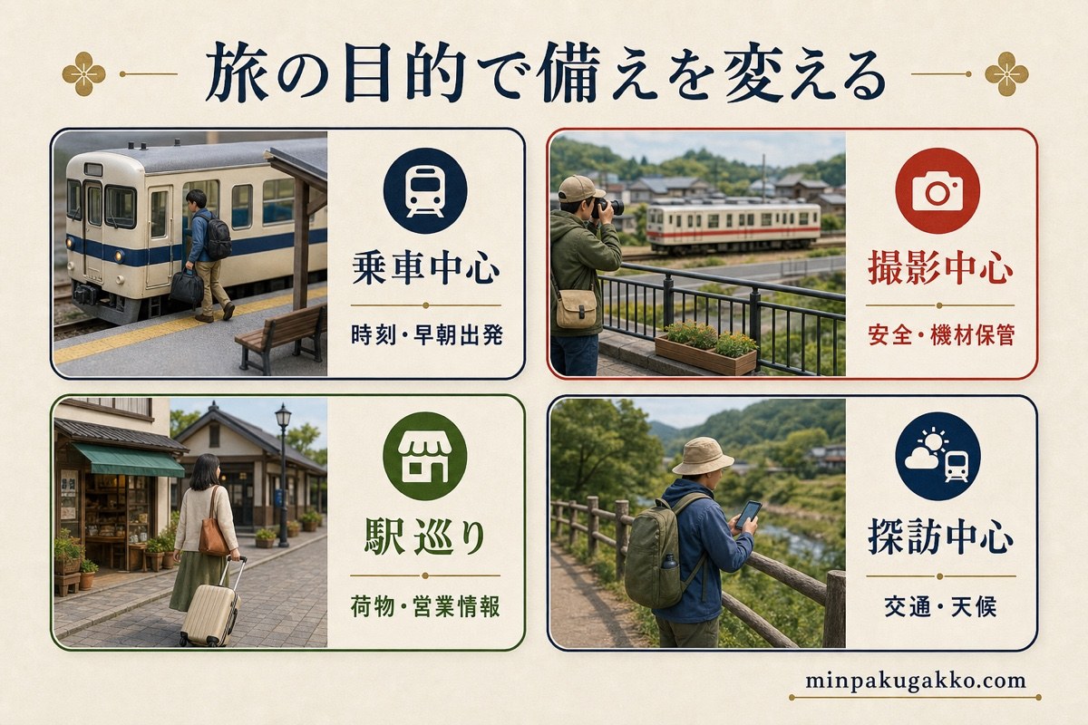 鉄道旅行者の目的を乗車、撮影、駅巡り、探訪に分けて必要な備えを整理した図
