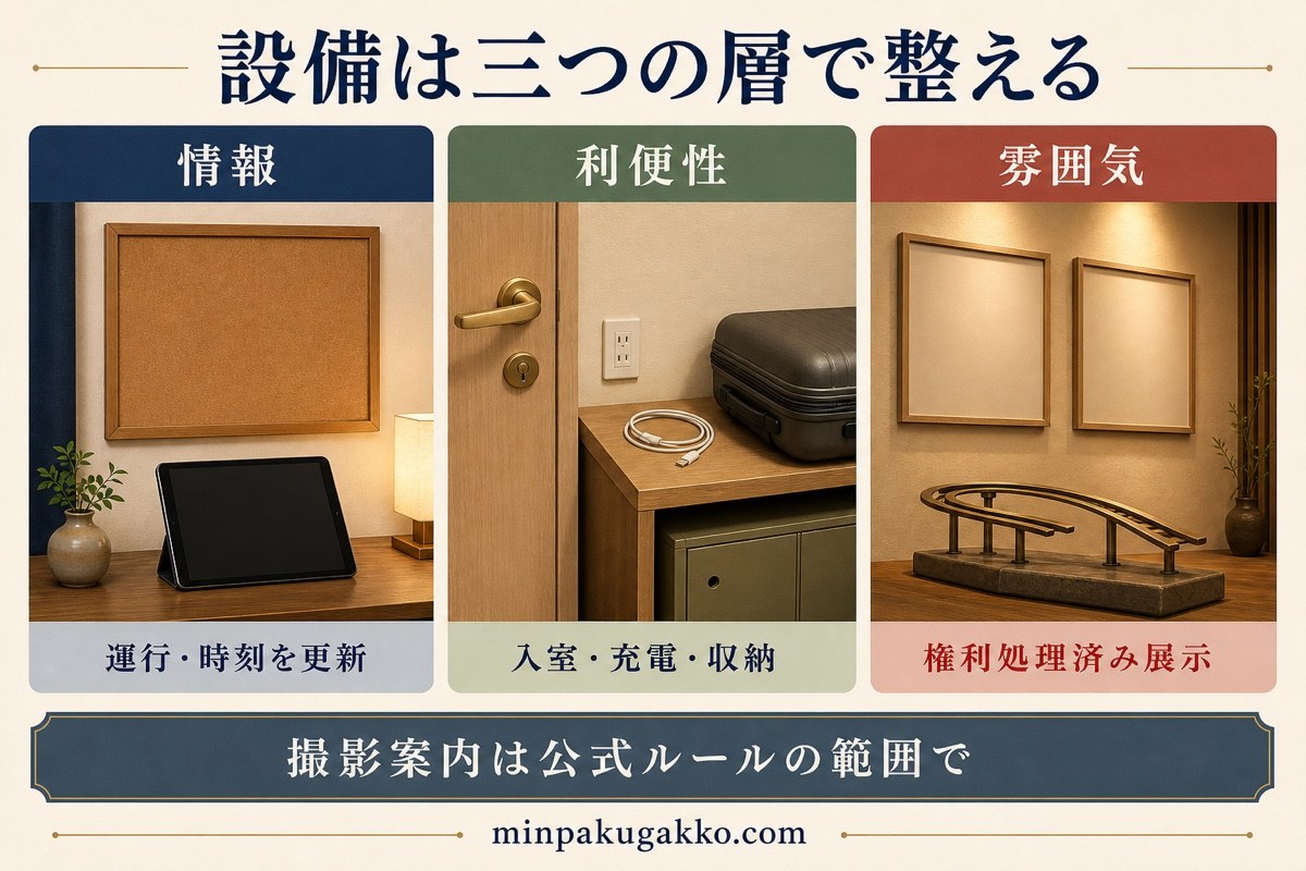 鉄道旅行者向け設備を情報、利便性、権利処理済み展示の三層で整理した図