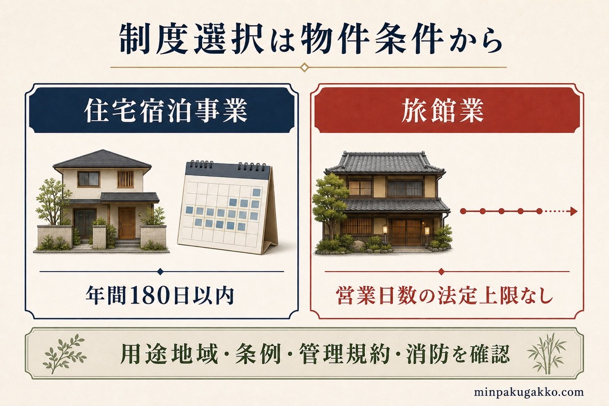 住宅宿泊事業と旅館業を営業日数と物件条件から比較する制度選択図