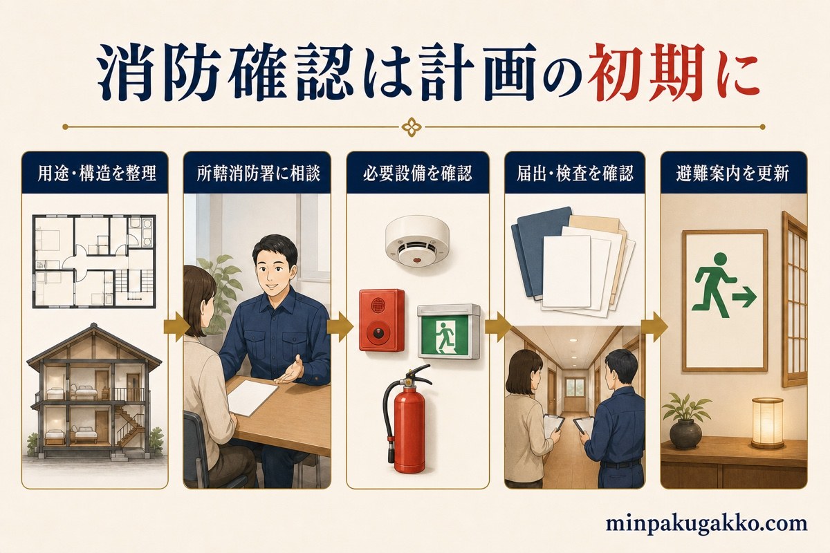 建物用途と構造の整理から消防署相談、設備、届出検査、避難案内までを示す消防確認フロー