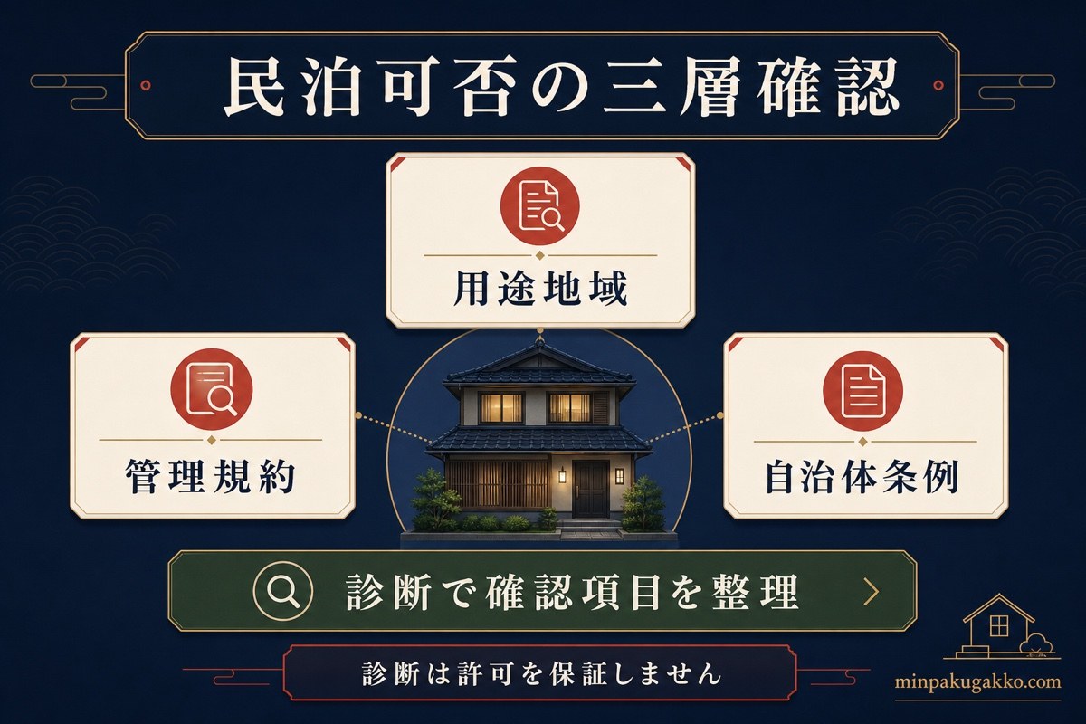 民泊可否を用途地域、管理規約、自治体条例の三層で整理する無料診断図