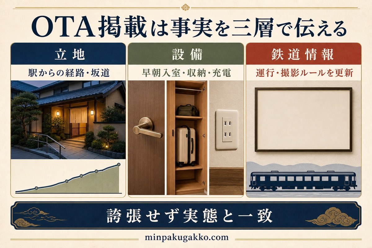鉄道旅行者向けOTA掲載を立地、設備、鉄道情報の三層で正確に伝える図