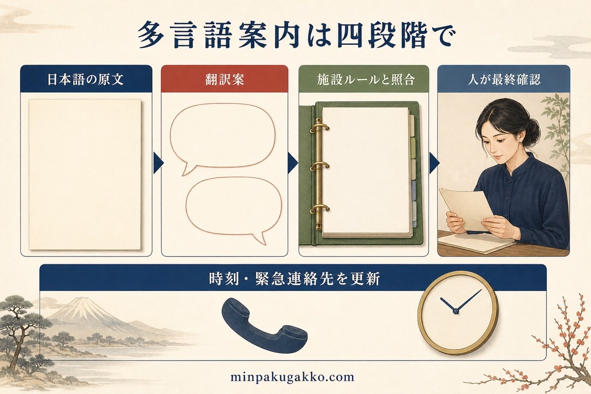 日本語原文から翻訳案、施設ルール照合、人の最終確認へ進む多言語案内の四段階図