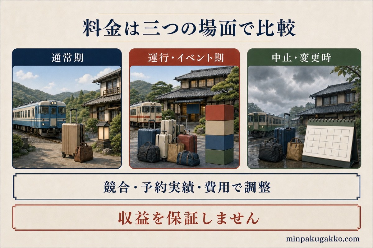 通常期、運行イベント期、中止変更時の三場面で料金条件を比較する図