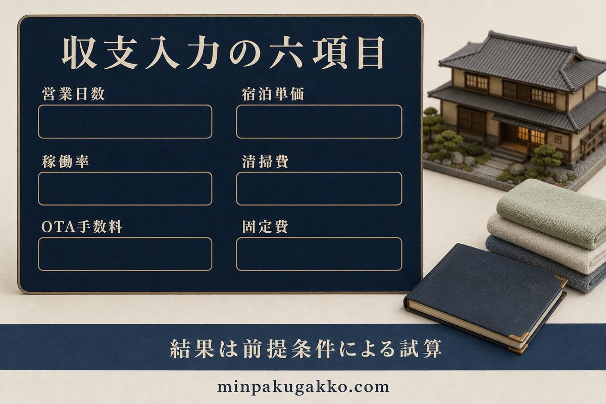 営業日数、宿泊単価、稼働率、清掃費、OTA手数料、固定費を入力する収支シミュレーション図