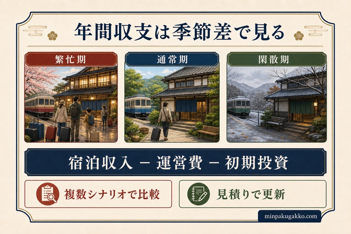 繁忙期、通常期、閑散期の季節差と宿泊収入、運営費、初期投資を比較する年間収支図
