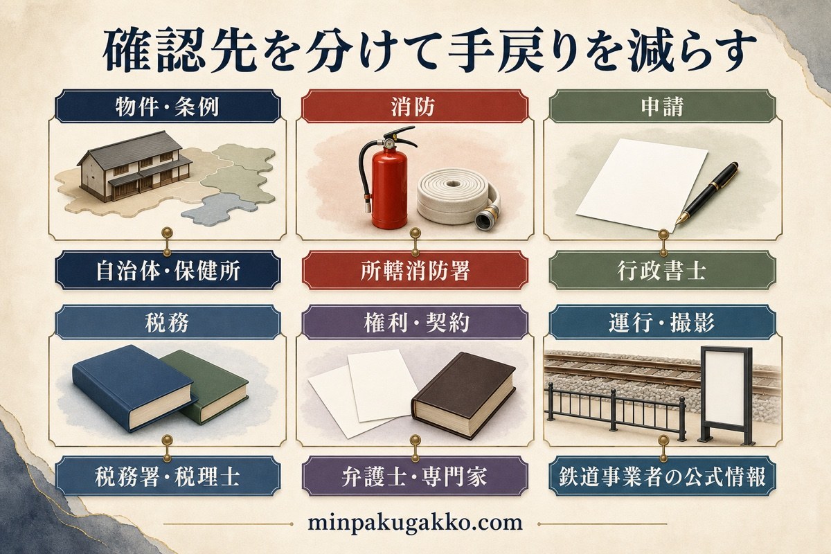物件条例、消防、申請、税務、権利契約、運行撮影ごとの確認先を分けた相談先図