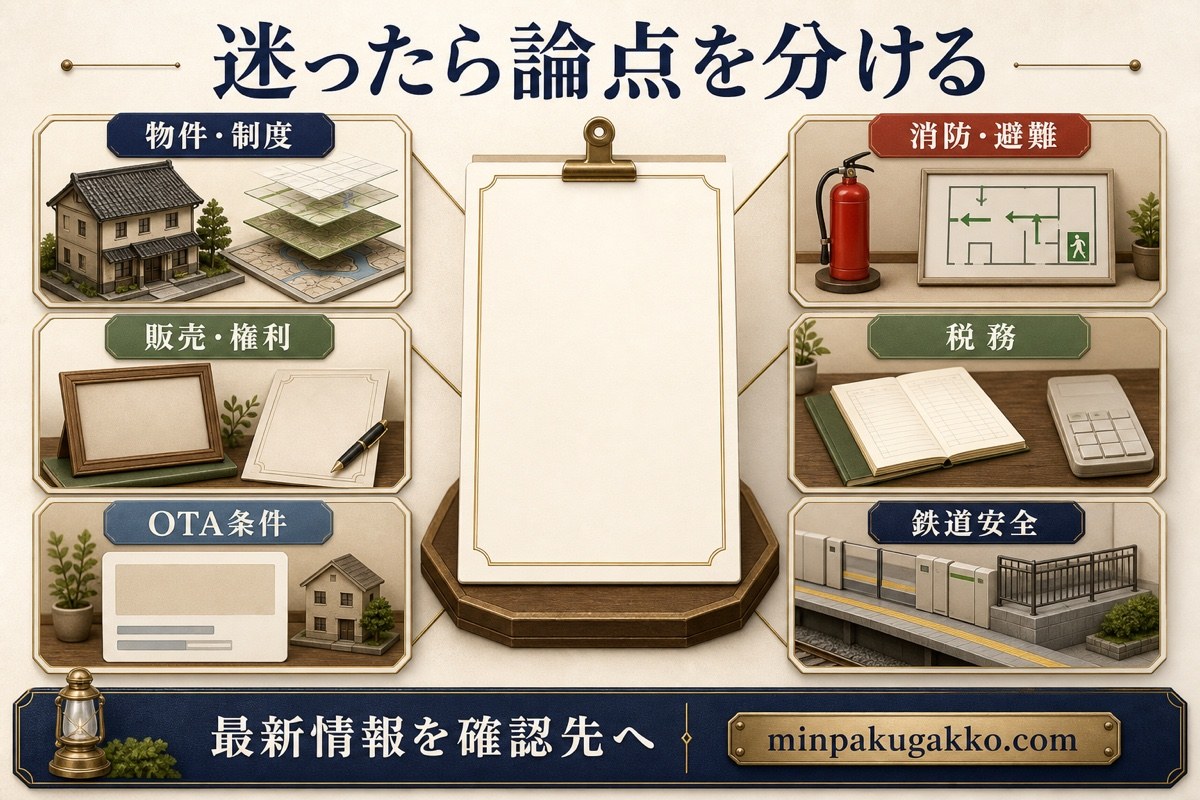 鉄道民泊のFAQを物件制度、消防避難、販売権利、OTA条件、税務、鉄道安全に分けた図