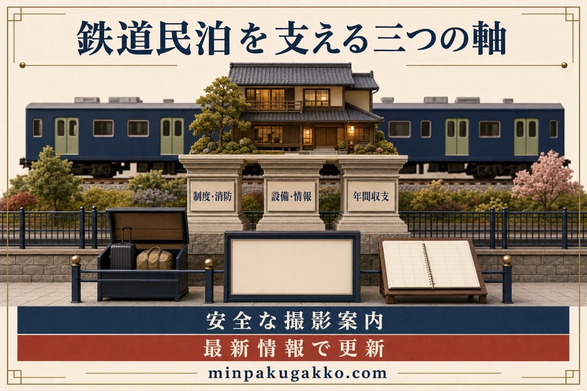 鉄道民泊を制度消防、設備情報、年間収支の三つの軸で表したまとめ図