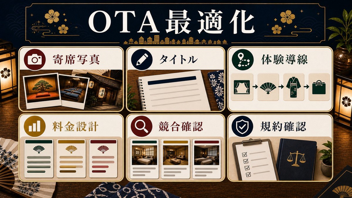 落語・演芸民泊のOTA最適化、寄席写真、タイトル、体験導線、料金設計、競合確認、規約確認を整理した図解