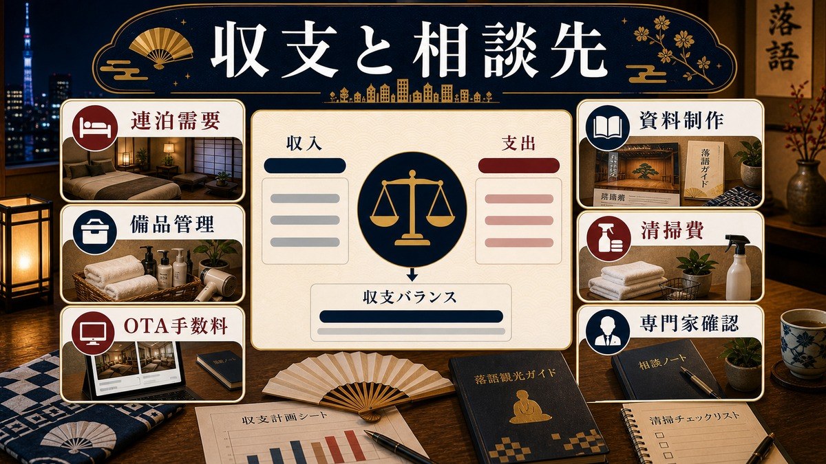 落語・演芸ゲスト向け民泊の連泊需要、資料制作、備品管理、OTA手数料、清掃費、専門家確認を整理した図解