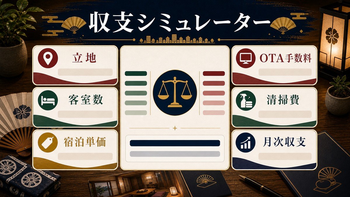 収支シミュレーターで立地、客室数、宿泊単価、OTA手数料、清掃費、月次収支を確認する図解