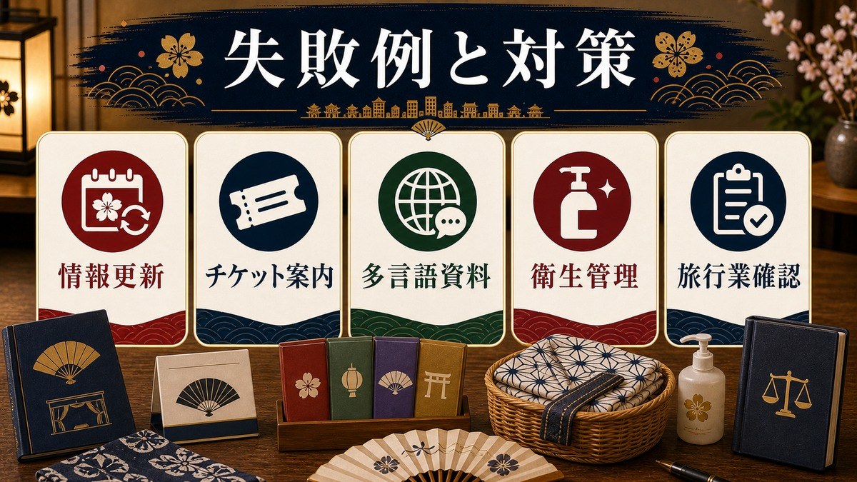 落語・演芸民泊で起きやすい情報更新、チケット案内、多言語資料、衛生管理、旅行業確認の失敗対策図解