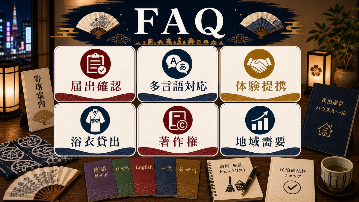 落語・演芸民泊のFAQとして届出確認、多言語対応、体験提携、浴衣貸出、著作権、地域需要を整理した図解