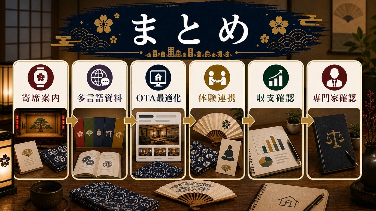 落語・演芸民泊のまとめとして寄席案内、多言語資料、OTA最適化、体験連携、収支確認、専門家確認を整理した図解