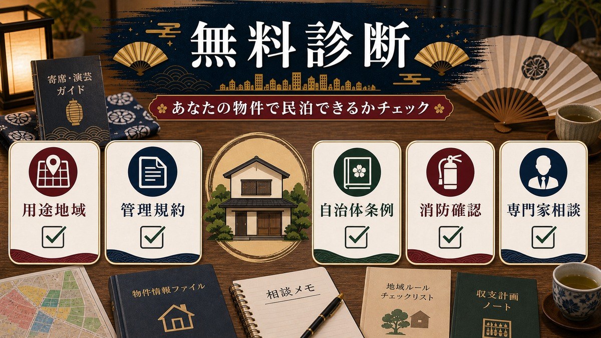民泊可否の無料診断で用途地域、管理規約、自治体条例、消防確認、専門家相談を確認する図解