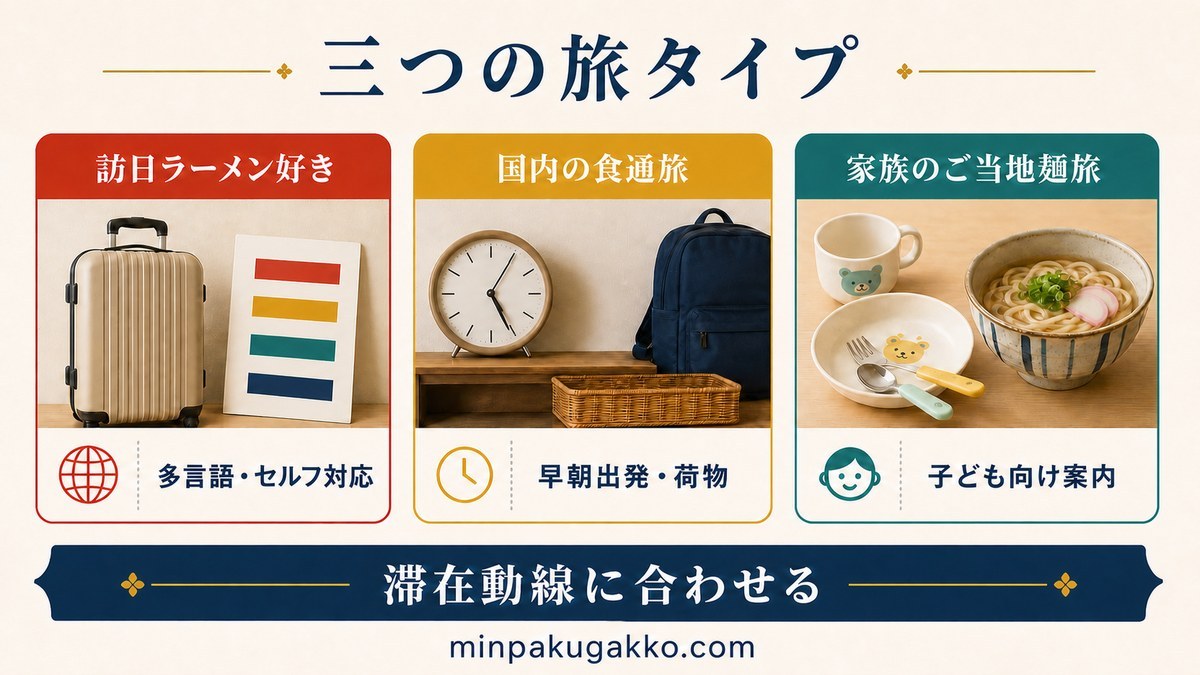 訪日ラーメン好き・国内の食通旅・家族のご当地麺旅のニーズを比べる図
